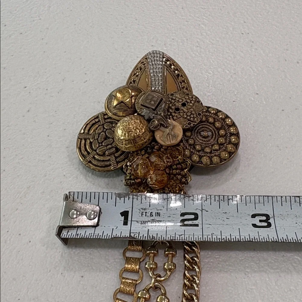 Vintage Glass & Metal Button Brooch with charms—BEAUTIFUL! Glass Beads—Artisan